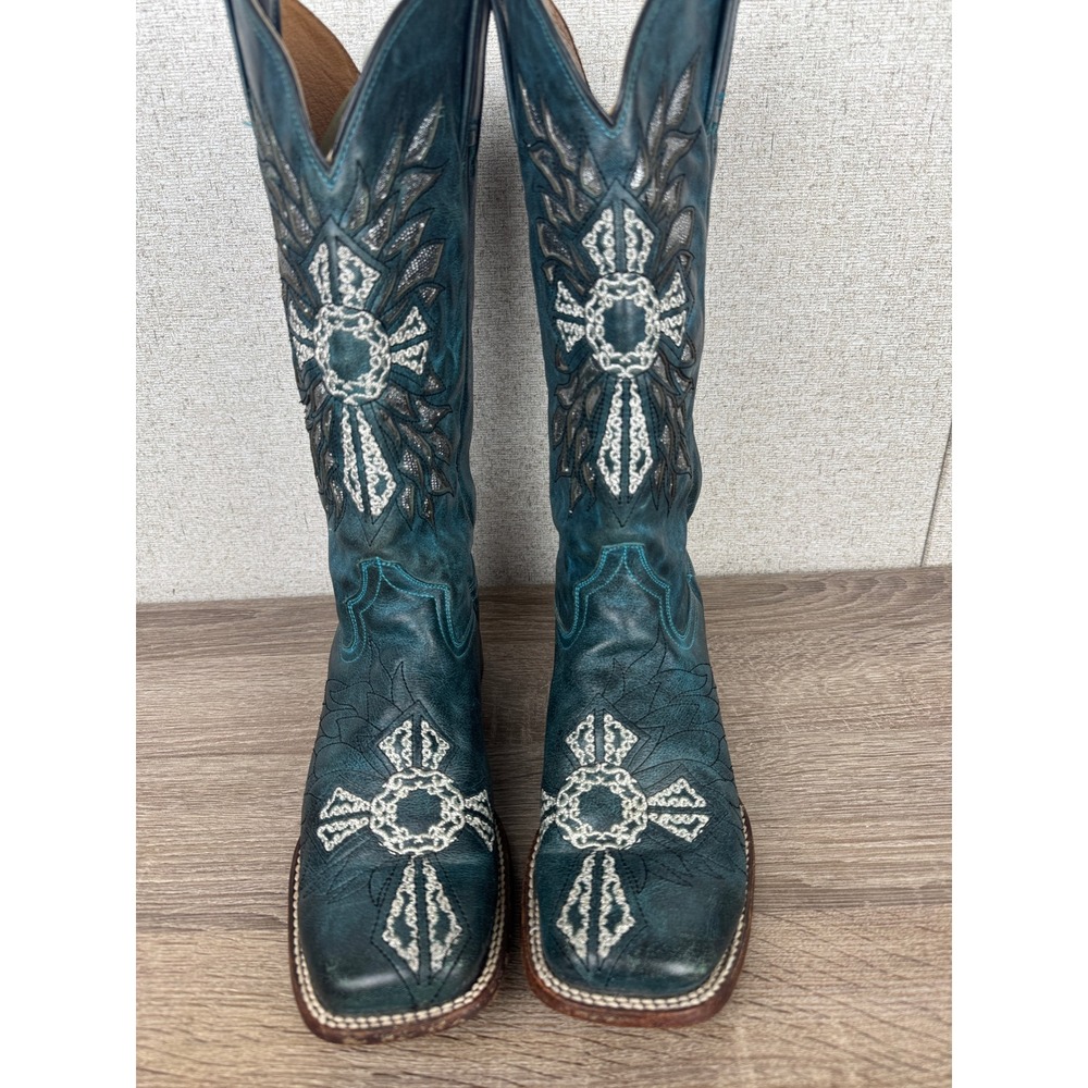 Roper Teal Turquoise Leather Sunburst Cross Snip Toe Cowboy Boots Size 10